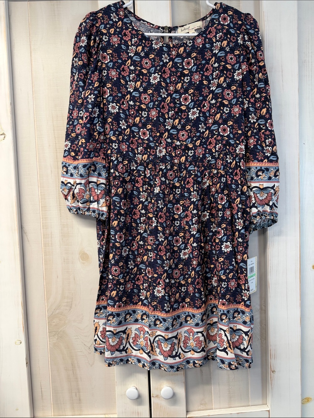 bebe Navy Floral Mini Dress with Pink and Cream Accents and Blue Detail